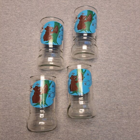Vtg Sue Bee Honey Juice Glasses SET OF 4 BEAR HONEY BEES 5" Kids Drinking Glass - Picture 2 of 7
